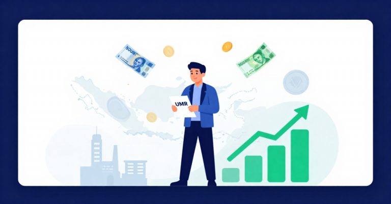 Ilustrasi flat design seorang pekerja Indonesia memegang dokumen gaji, dikelilingi uang Rupiah dan koin emas, dengan latar belakang grafik naik dan peta Indonesia — Daftar Gaji UMR 2026